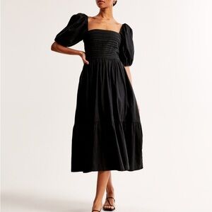 Abercrombie & Fitch Emerson Poplin Puff Sleeve Midi Dress in Black